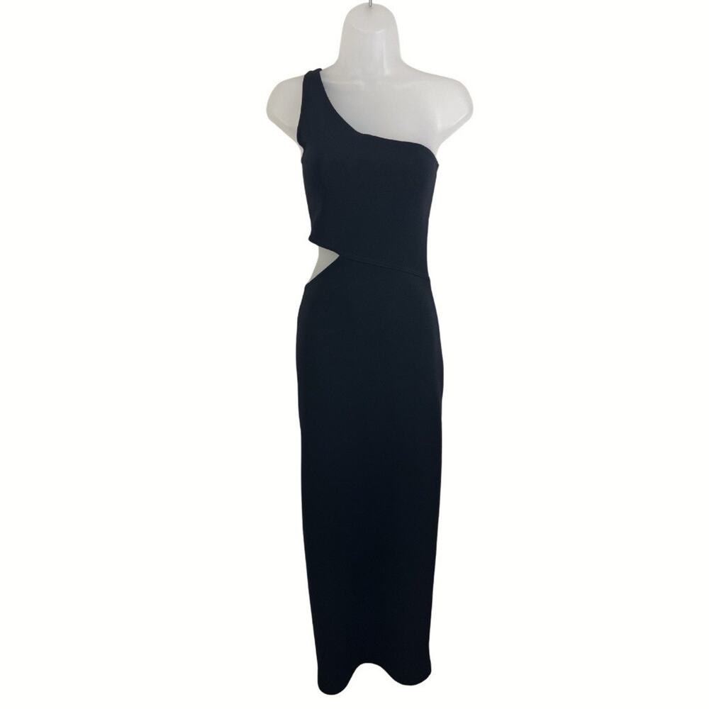Vintage Hugo Buscati One Shoulder Cutout Black Midi Dress Size 8 Bodycon Stretch